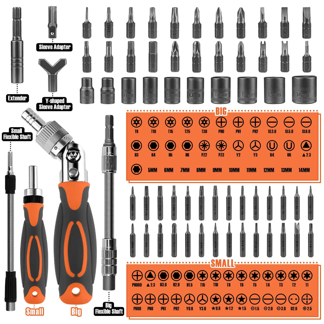 Close-up of the FortiDrive ratchet screwdriver handle and various magnetic bits for repair