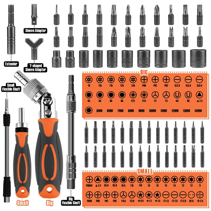 Close-up of the FortiDrive ratchet screwdriver handle and various magnetic bits for repair