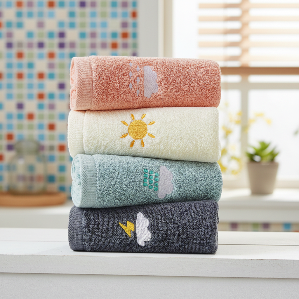 Four brightly colored cotton washcloths for children, soft and absorbent bath linen set