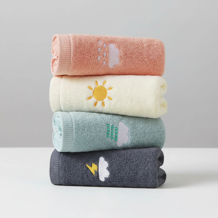 KiddoTowel 4-piece set of colorful cotton washcloths for kids' hygiene, vibrant and soft