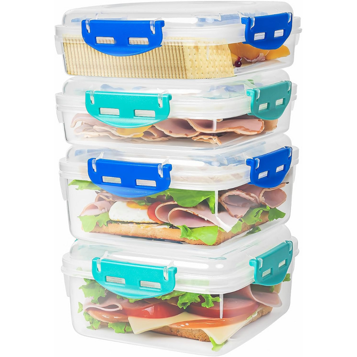Four clear 1100ml airtight food containers stacked, perfect for meal prep and kitchen organization.