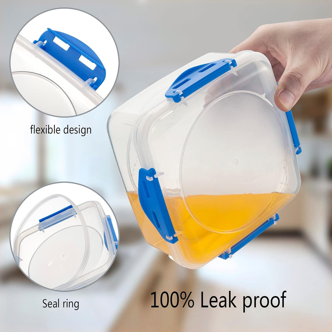 Close-up of an 1100ml clear food container with a secured blue lid, highlighting its airtight seal.