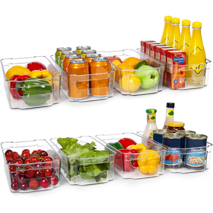 Four clear BPA-free refrigerator storage bins, organizing fruits in a fridge.