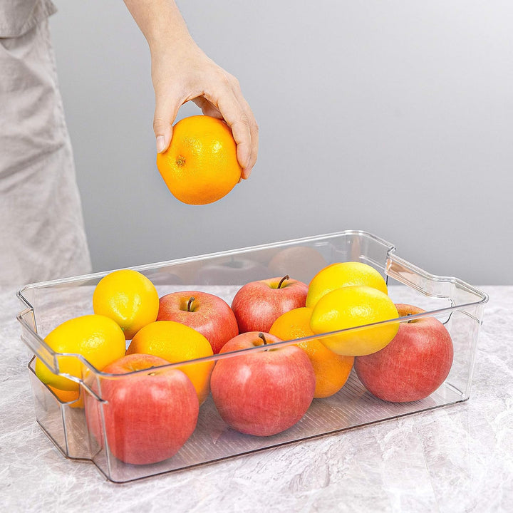 Maximize shelf space with stackable clear food storage containers.