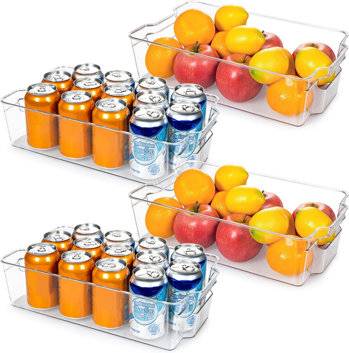Clean and organized refrigerator interior using clear storage solutions.