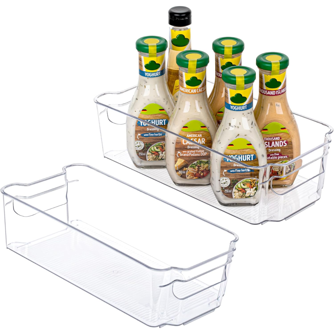 Space-saving clear bins for pantry and fridge, simplifying home organization.