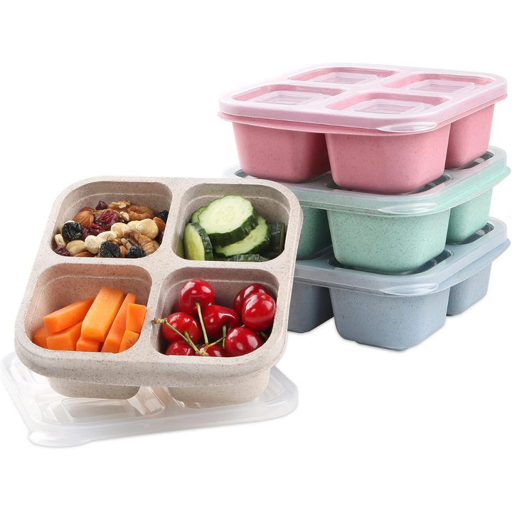 Four-pack bento box set with clear lids, 4 compartments, for meal prep