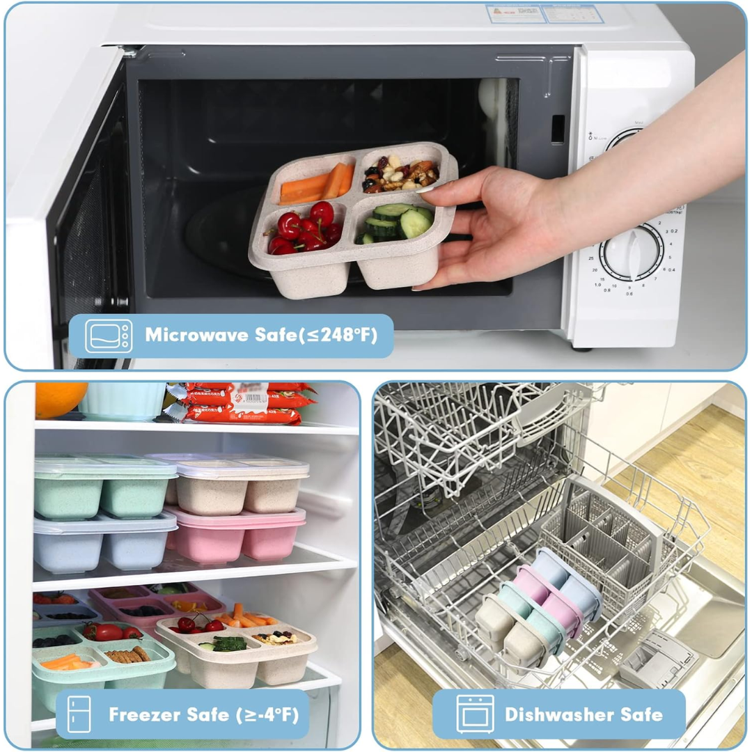 Stackable 4-compartment bento boxes, perfect for on-the-go meal organization