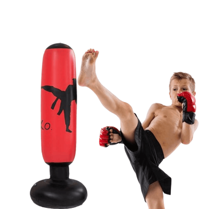 Freestanding inflatable punch bag for boxing training & home fitness. Perfect for cardio & stress relief.
