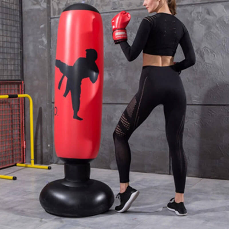 Black freestanding inflatable punching tower, enhancing boxing skills & workout routines for all levels.