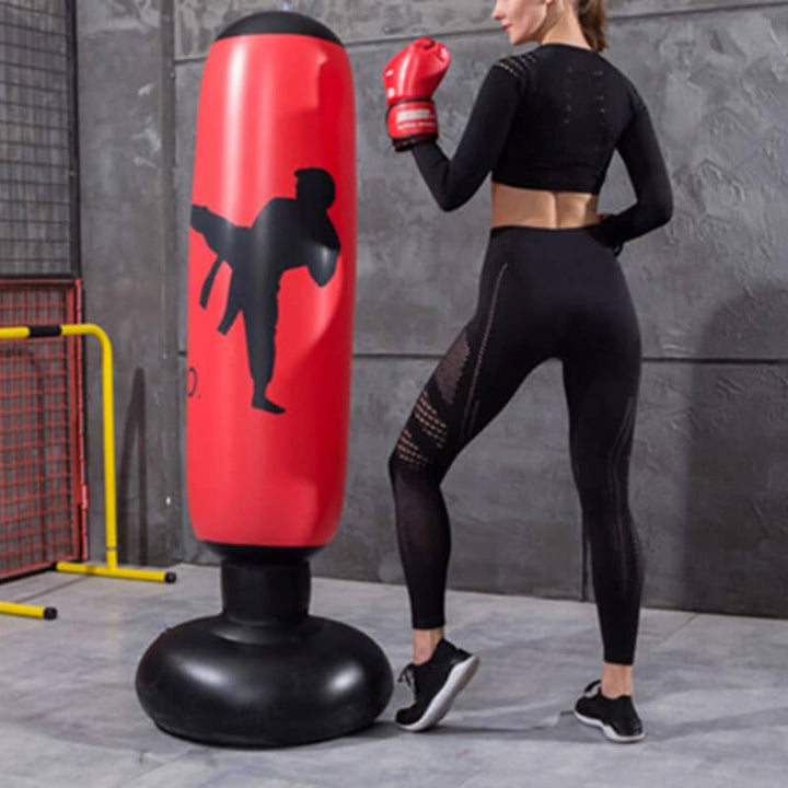 Black freestanding inflatable punching tower, enhancing boxing skills & workout routines for all levels.