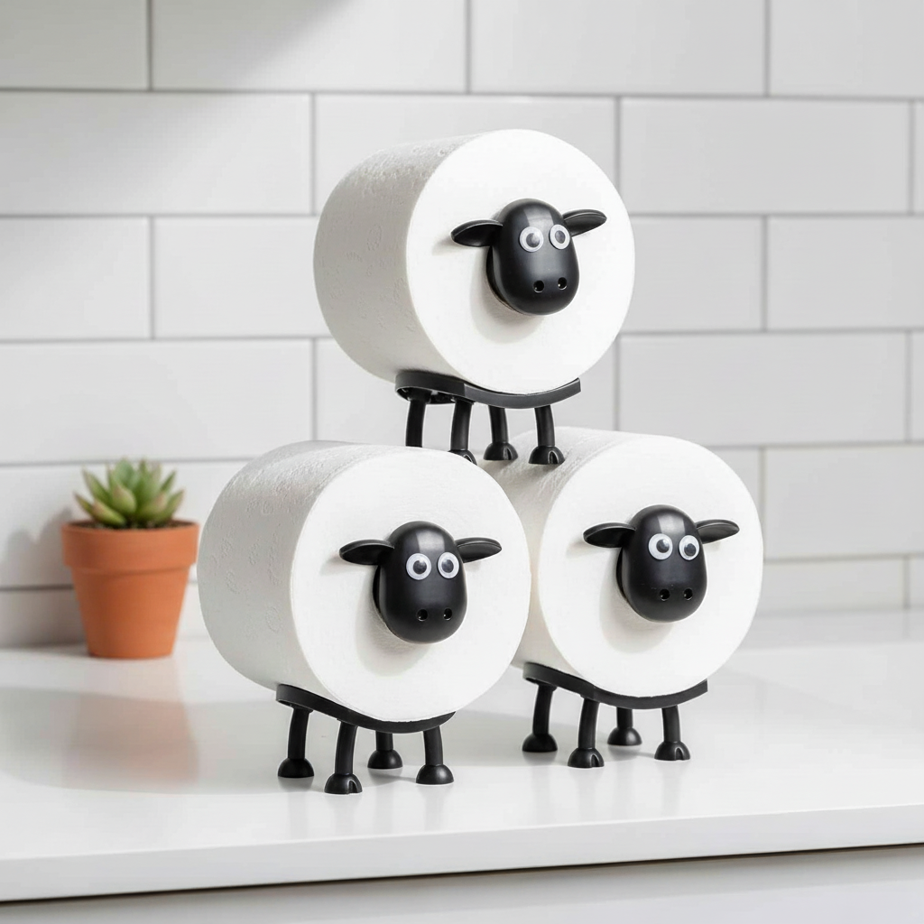 Freestanding sheep design toilet paper holder in white plastic, holding multiple rolls, for bathroom organization