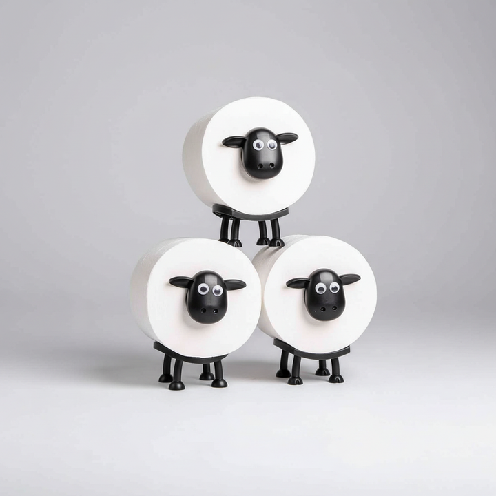 Close-up of a clever sheep design toilet paper storage unit, stacked with rolls, a unique home decor accent