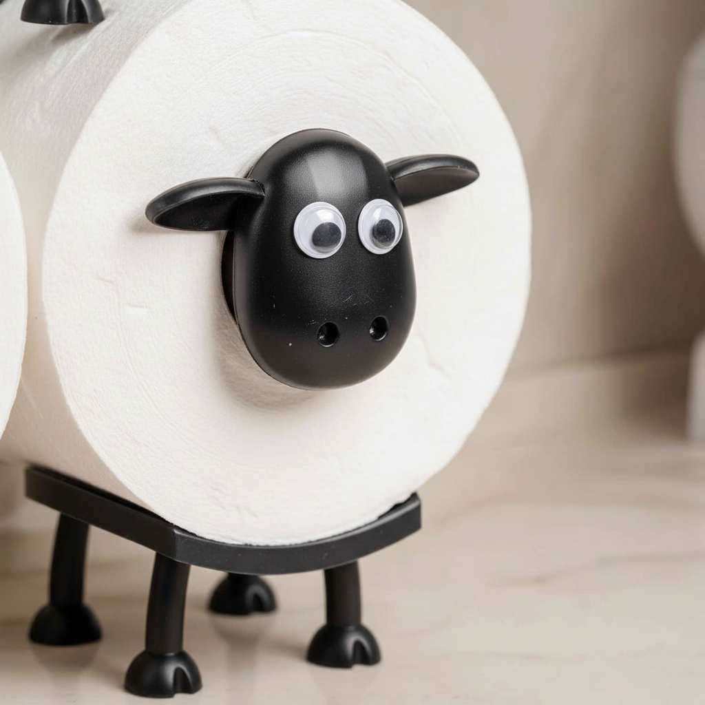White plastic sheep toilet paper holder with capacity for 7 rolls, perfect for bathroom storage and organization