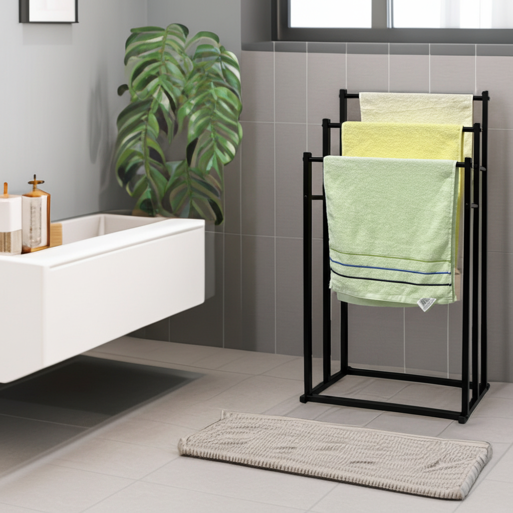 Freestanding steel towel rack for bathroom. Space-saving design, sturdy storage for multiple towels & decor.