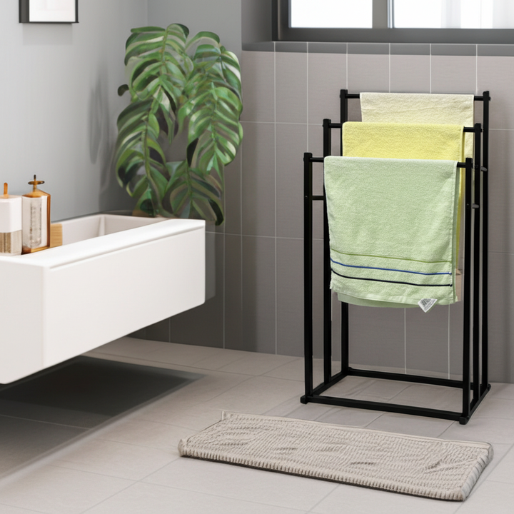 Freestanding steel towel rack, NeatRack, modern bathroom organizer for space-saving towel storage