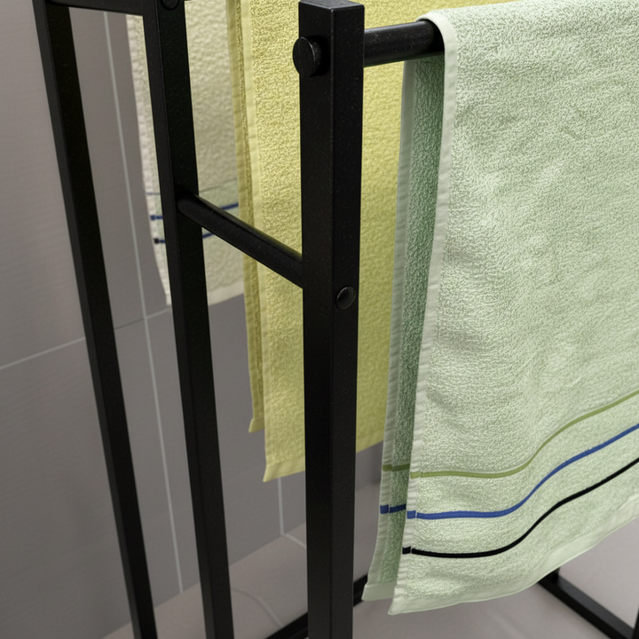 Close-up of a sturdy steel freestanding towel rack, NeatRack, showcasing quality and sleek design