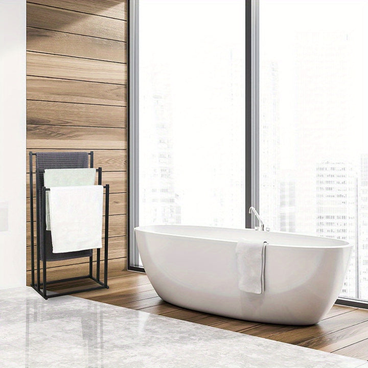 Space-saving freestanding steel towel rack, NeatRack, perfect for organizing towels in any bathroom