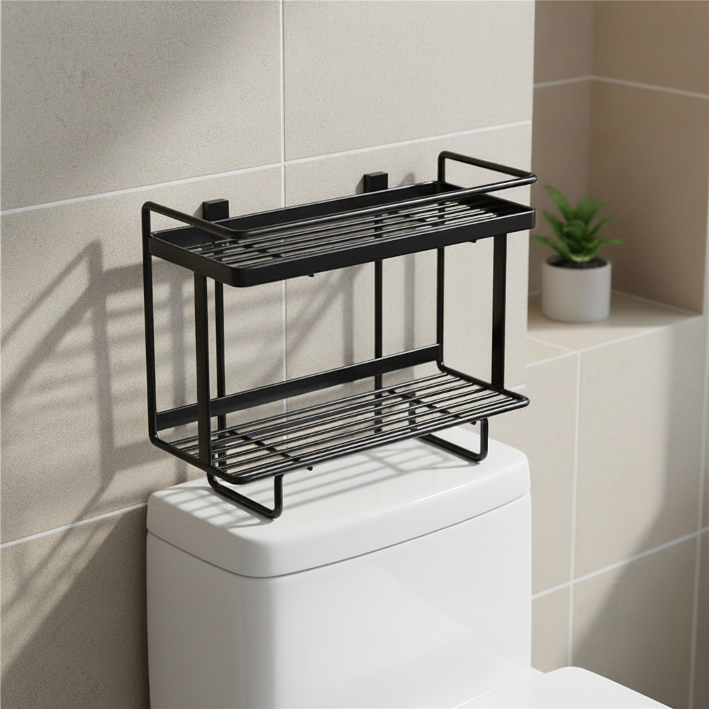 Freestanding wrought iron LooShelf bathroom storage shelf over toilet, black finish, no drill installation, space-saving design.