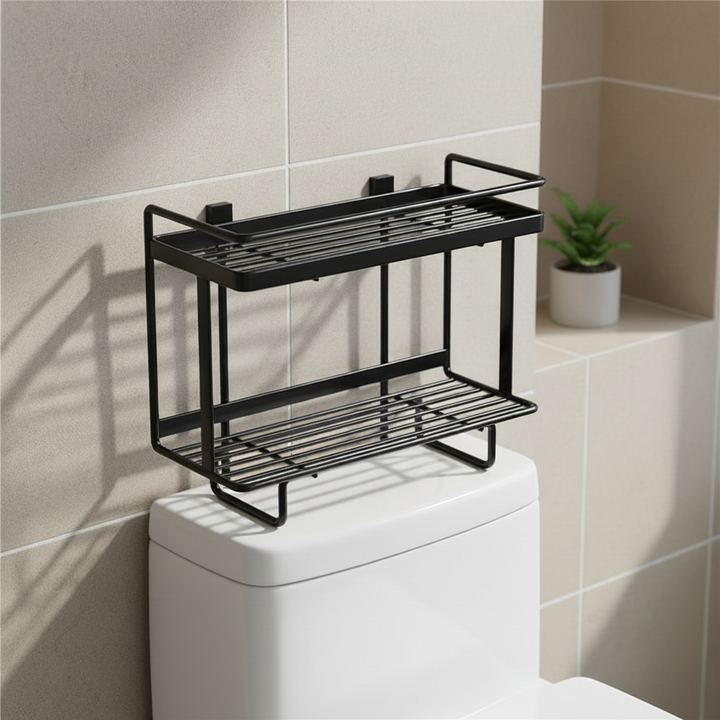 Freestanding wrought iron LooShelf bathroom storage shelf over toilet, black finish, no drill installation, space-saving design.