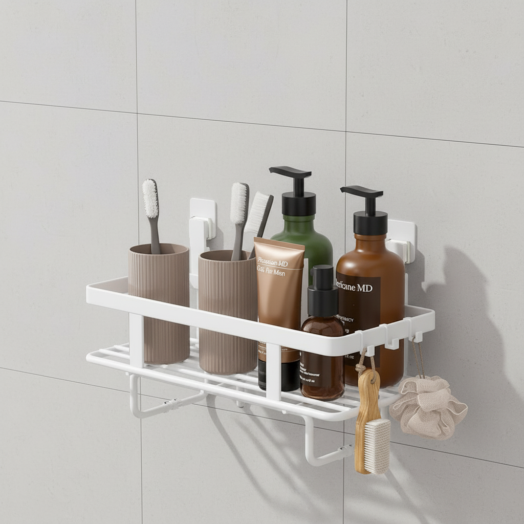 Detail of LooShelf's anti-slip feet and stable design, a freestanding bathroom shelf above the toilet.