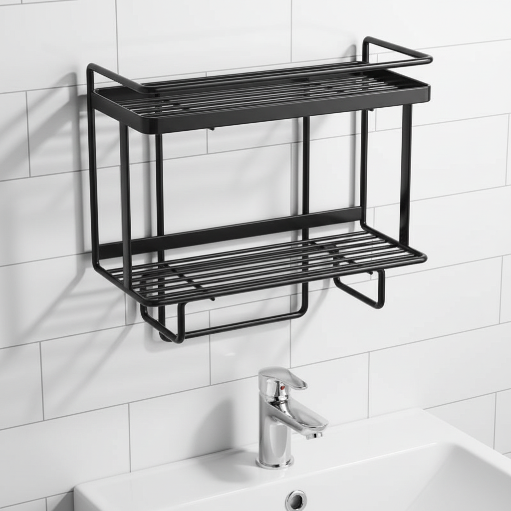 LooShelf bathroom toilet storage rack in black wrought iron, perfect for small bathrooms, offering extra organization.