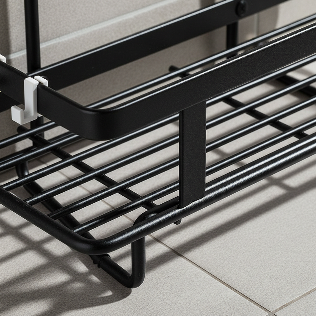 Space-saving LooShelf over-the-toilet storage with three tiers, black wrought iron, ideal for bathroom organization.