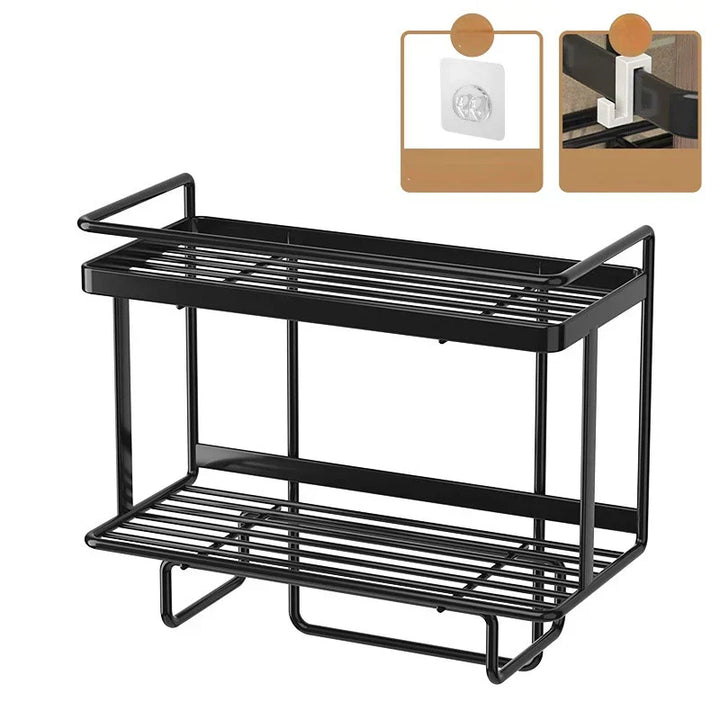 No-drill LooShelf bathroom organizer shelf in black wrought iron, fitting neatly over the toilet for extra storage.