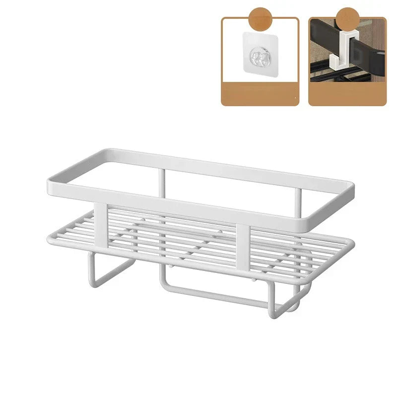 LooShelf bathroom storage shelf, black, with towels and toiletries displayed, showcasing home organization.