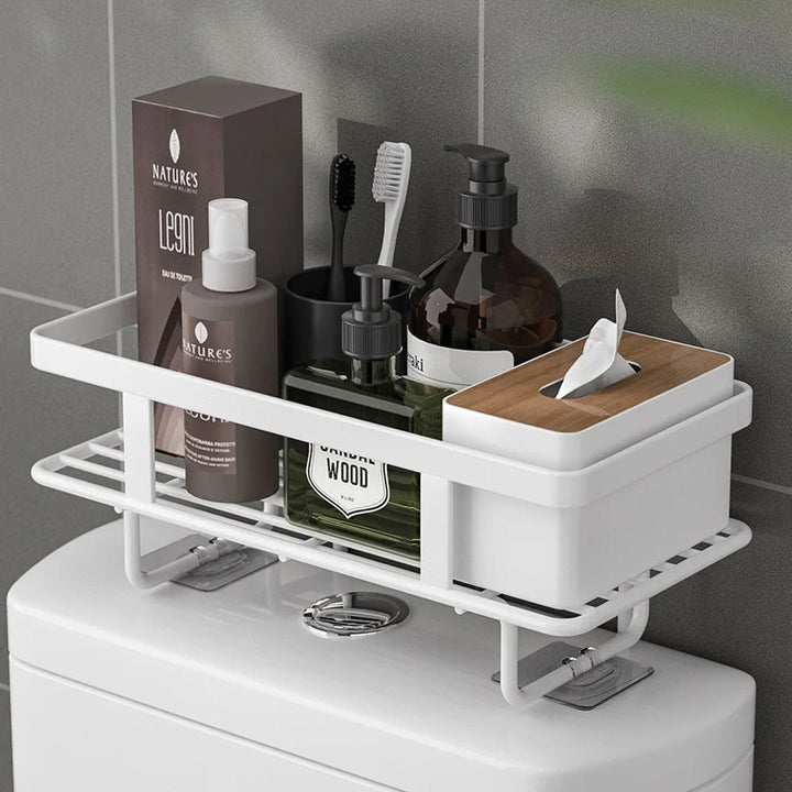 LooShelf over-toilet storage, black metal, designed for easy assembly and maximizing bathroom organization.