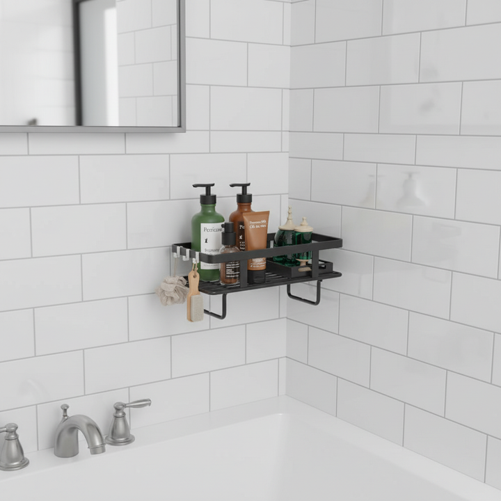 Close-up of the LooShelf's shelves holding bath products, a practical and stylish storage solution