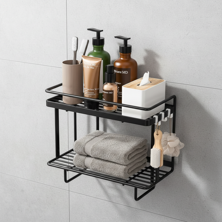 Back view of the LooShelf showing how it fits securely over a toilet, no-drill installation