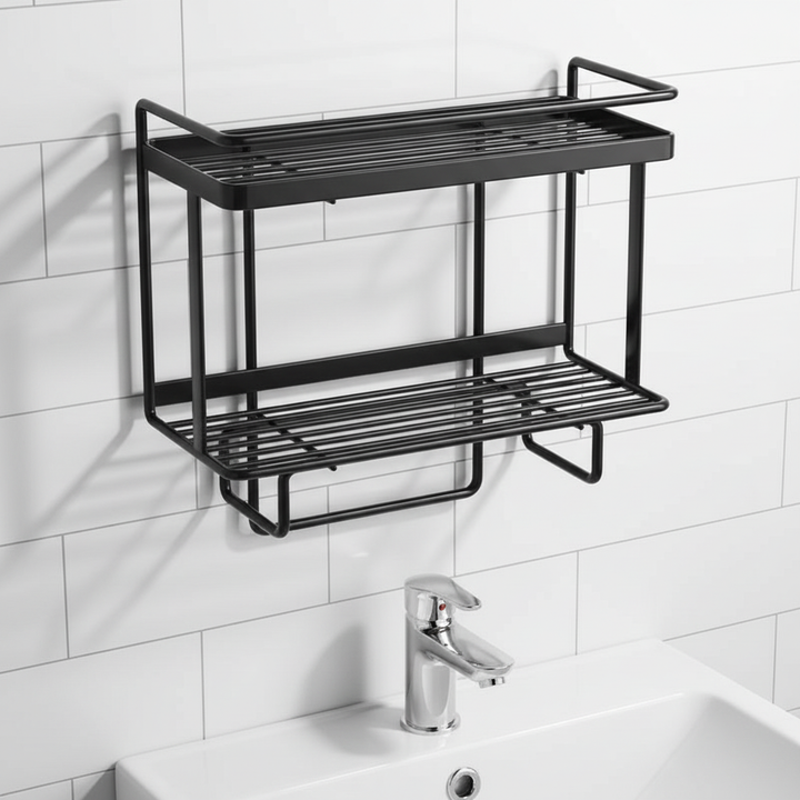 Close-up of LooShelf over-toilet storage with toiletries, no-drill space saver shelf