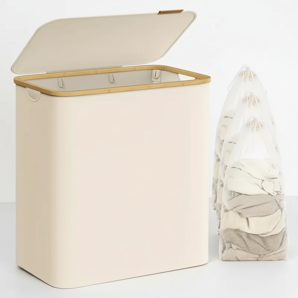 Three-section fabric laundry basket with handles, perfect for organizing clothes in any home