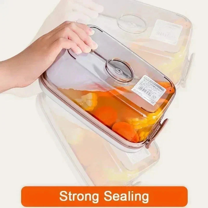 FreshLock food storage container & hand vacuum pump in use, sealing fresh vegetables for food preservation