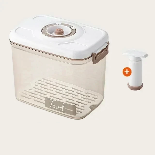 Hand vacuum pump next to FreshLock airtight food storage container, highlights ease of use