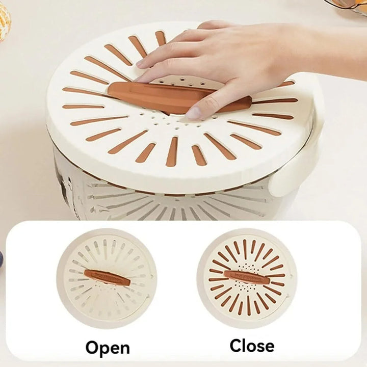 FreshSeal fruit keeper with colorful berries, clear produce container extends freshness in refrigerator.