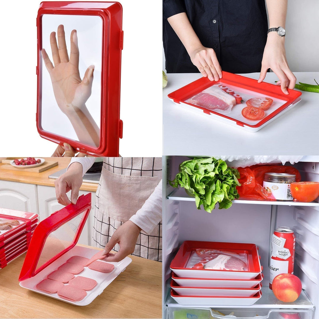 Stackable FreshSeal reusable plastic trays organizing refrigerator contents, great for efficient food storage & meal prep.