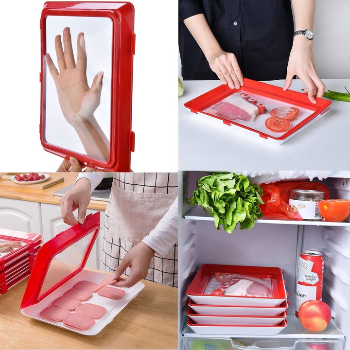Stackable FreshSeal reusable plastic trays organizing refrigerator contents, great for efficient food storage & meal prep.