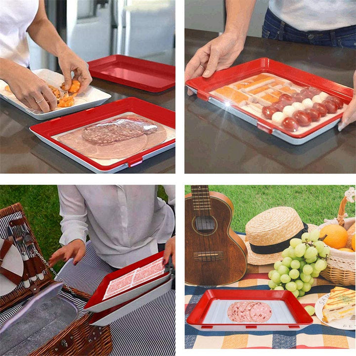 Sustainable FreshSeal food storage tray, a reusable and eco-friendly kitchen gadget for reducing plastic waste.