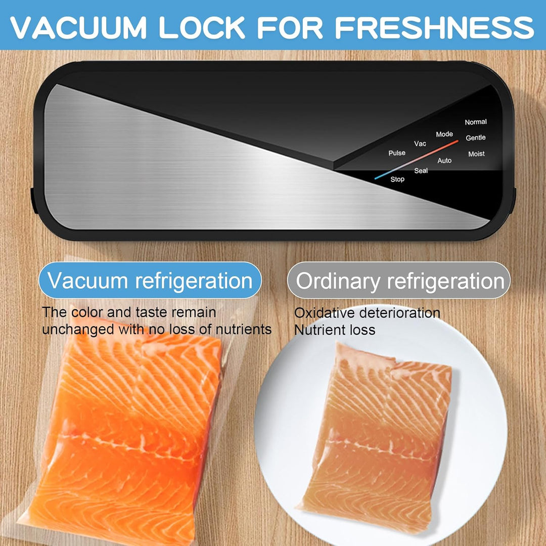 Fresvyn food vacuum sealer in use, sealing a food bag for meal prep and freshness