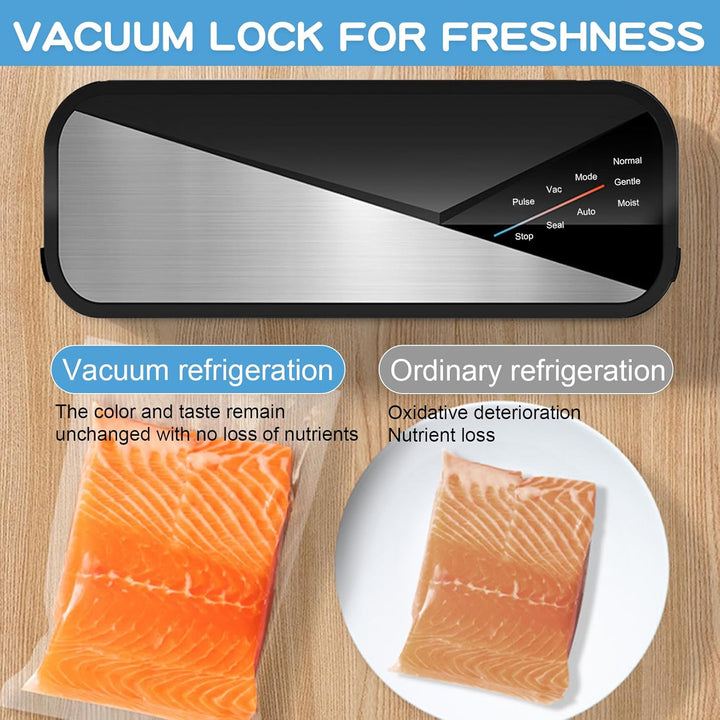 Fresvyn food vacuum sealer in use, sealing a food bag for meal prep and freshness