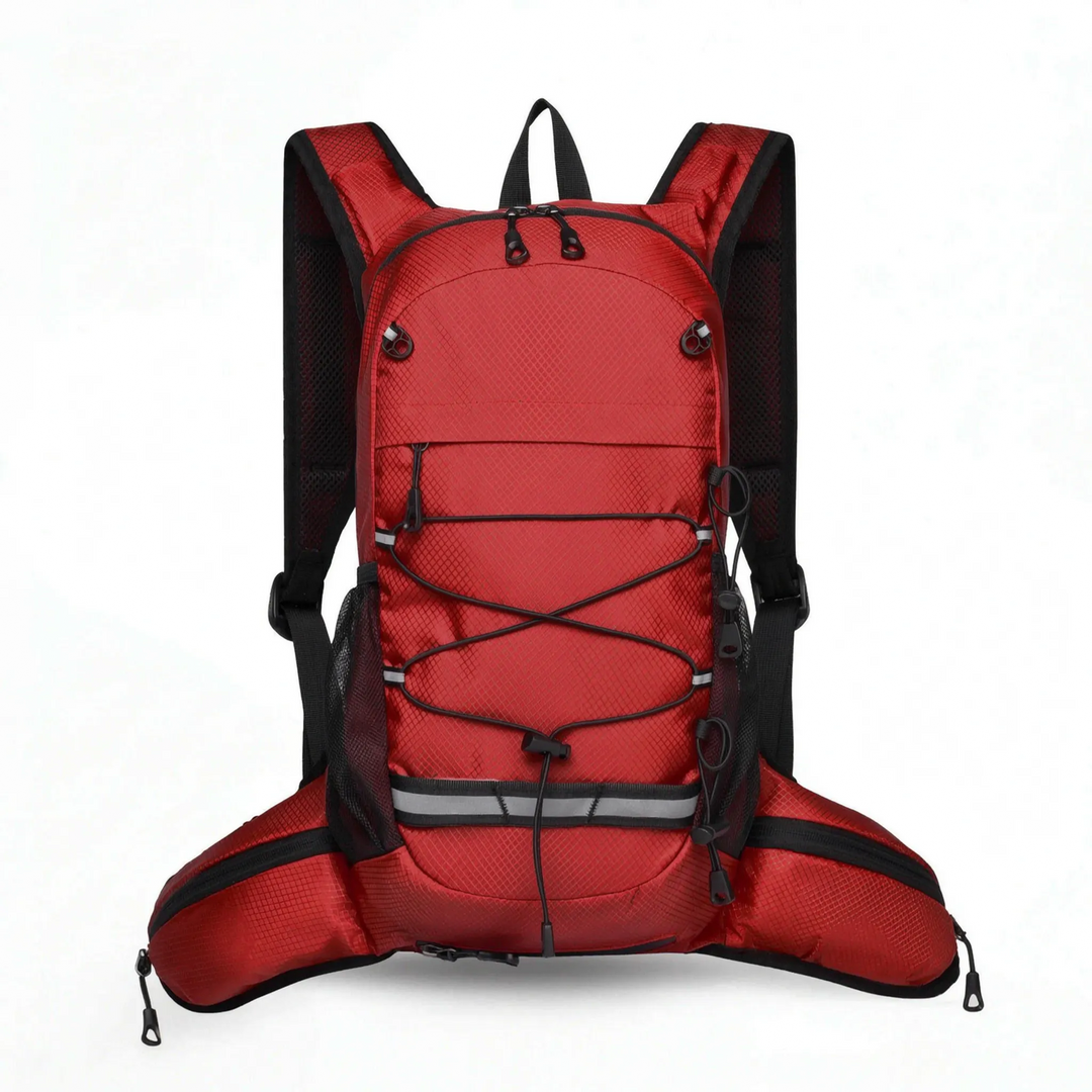 Ergonomic black lightweight hiking daypack with breathable mesh and water bottle pockets for trails.