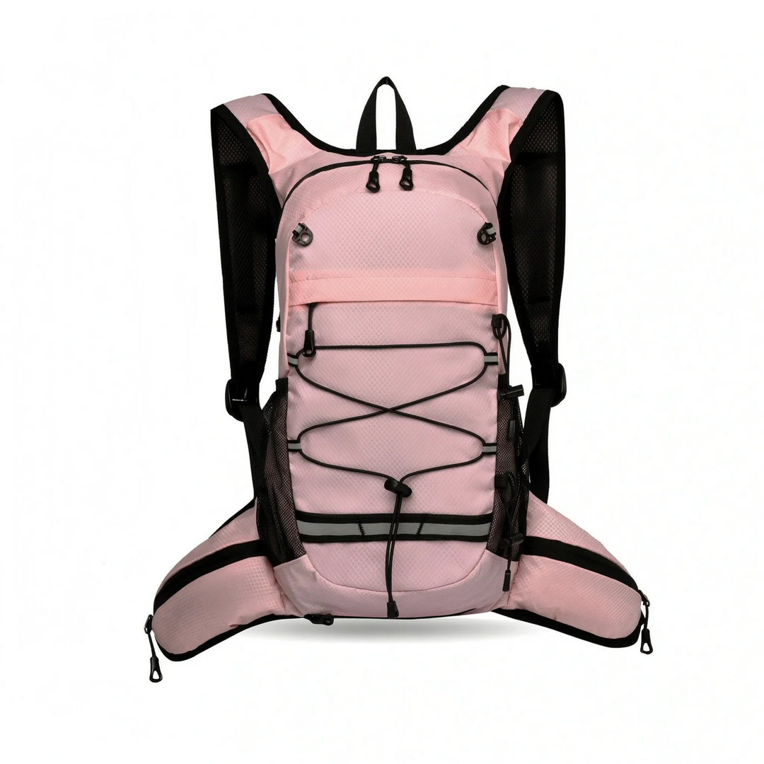 Lightweight red hiking daypack showing ergonomic back panel and adjustable straps for comfort.