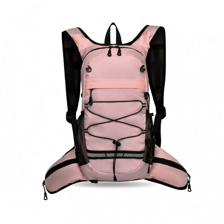 Lightweight red hiking daypack showing ergonomic back panel and adjustable straps for comfort.
