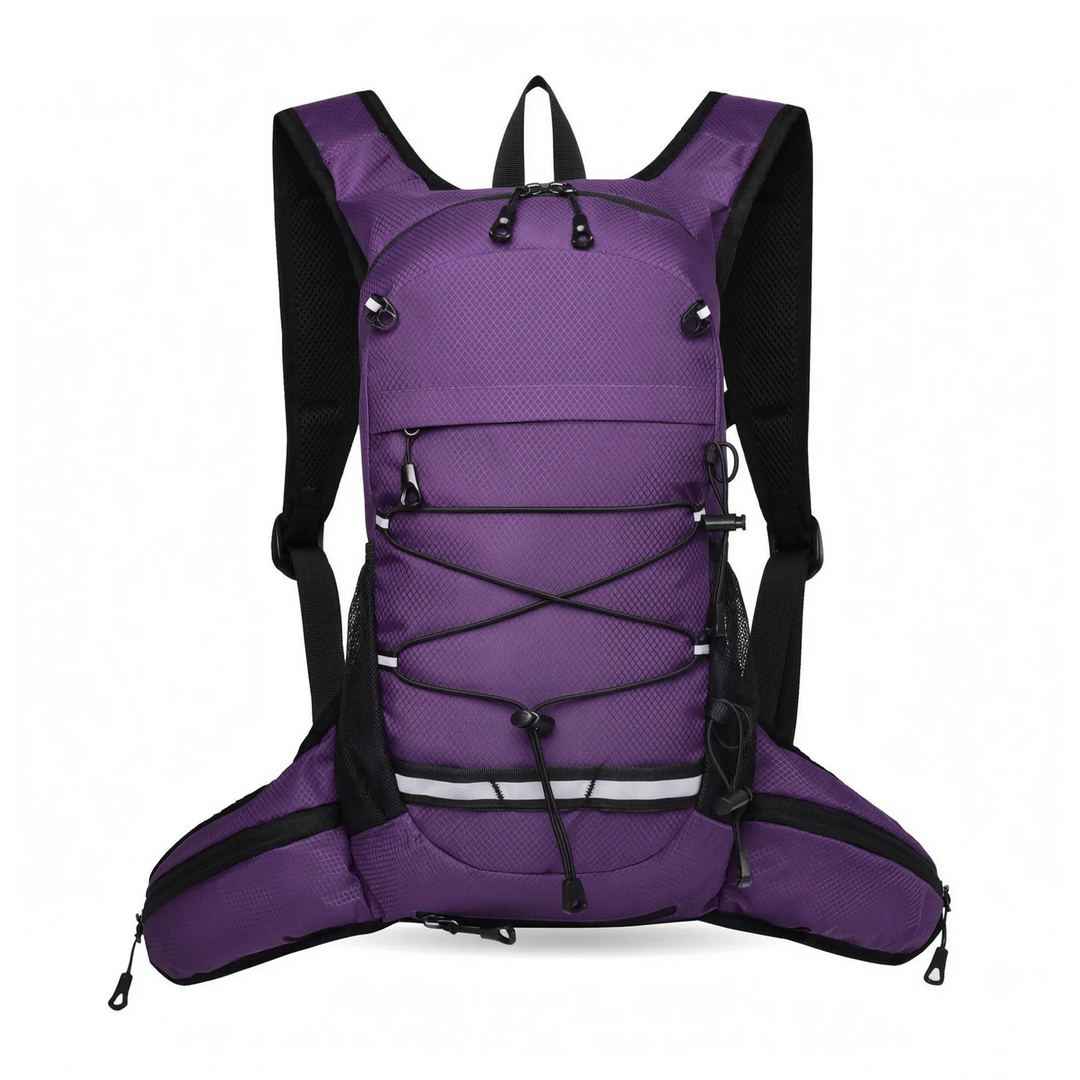 Blue unisex hiking daypack on a forest trail, ready for lightweight travel and outdoor exploration.