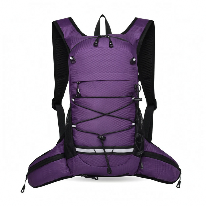 Blue unisex hiking daypack on a forest trail, ready for lightweight travel and outdoor exploration.