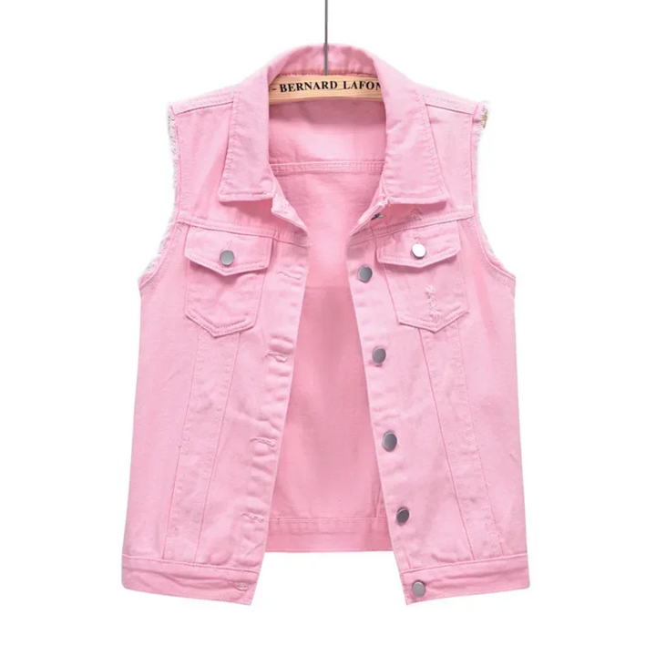 Front view of a stylish raw edge denim vest for women, perfect for versatile layering.