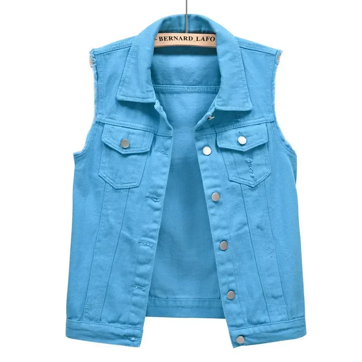 Elegant women's raw edge denim vest, adding a stylish touch to any casual ensemble.