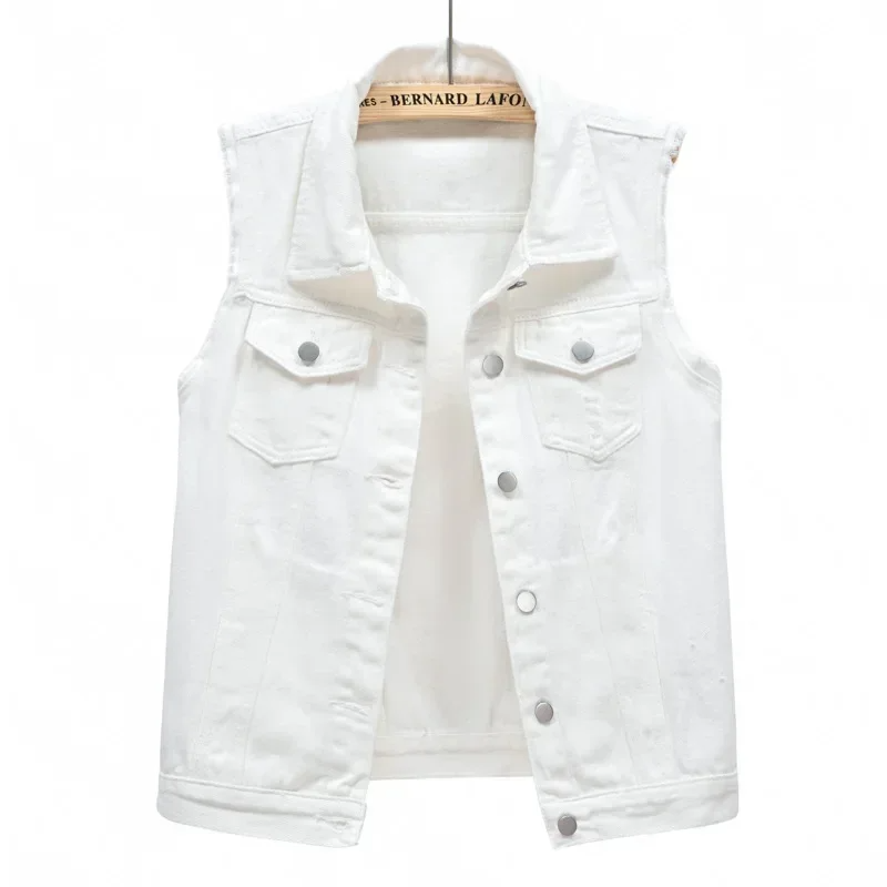 Modern women's raw edge denim vest with button-front closure, perfect for stylish casual wear.